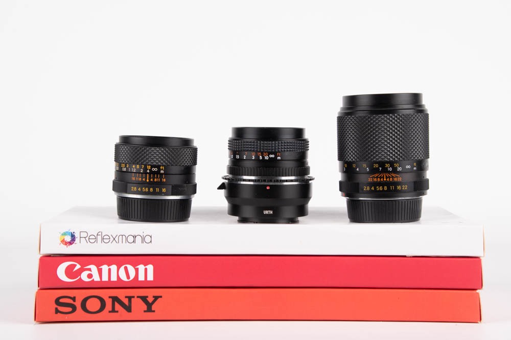 Kit lenti Yashica 135mm - 50mm - 28mm + adattatore CY - Canon EF + Adattatore Canon EF - Sony E